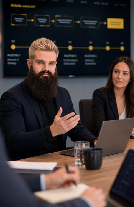Dustin Vogler, Gründer von Vogler Marketing, in einer Besprechung – Bild mit KI optimiert